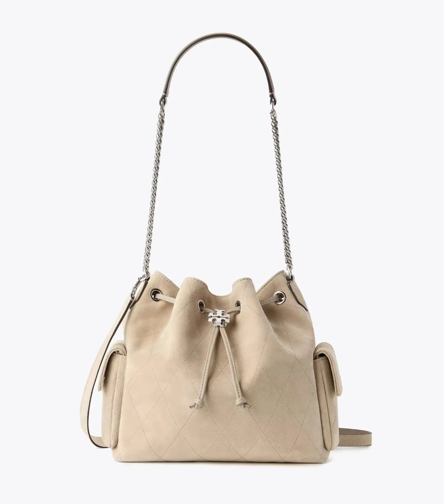 Tory Burch Shoulder Bags Quilted Drawstring Bucket Bag — gray