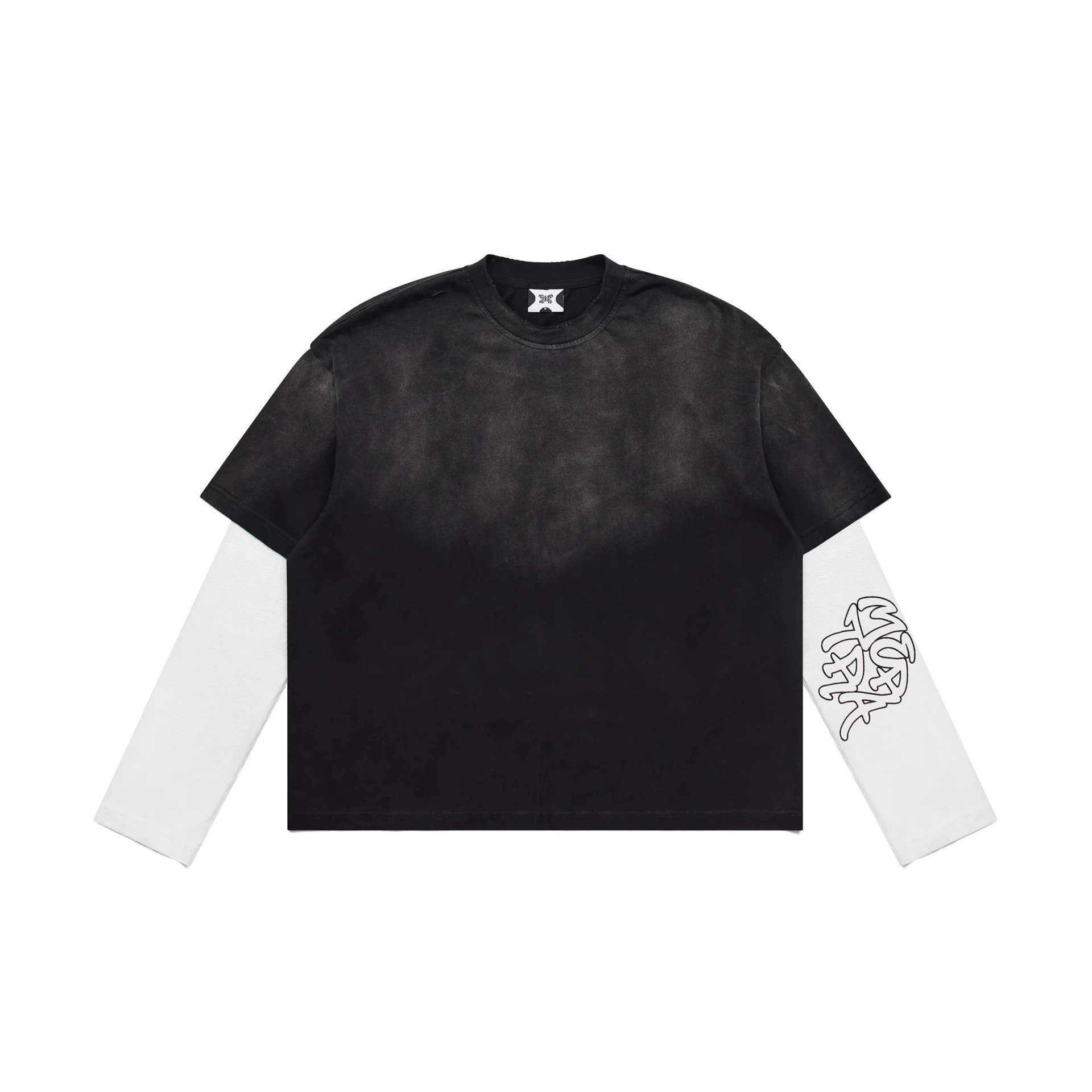 Unbranded Shorts Embroidered Letter Sweat with Contrast Pocket Inserts — Fake two-piece long-sleeve/distressed black