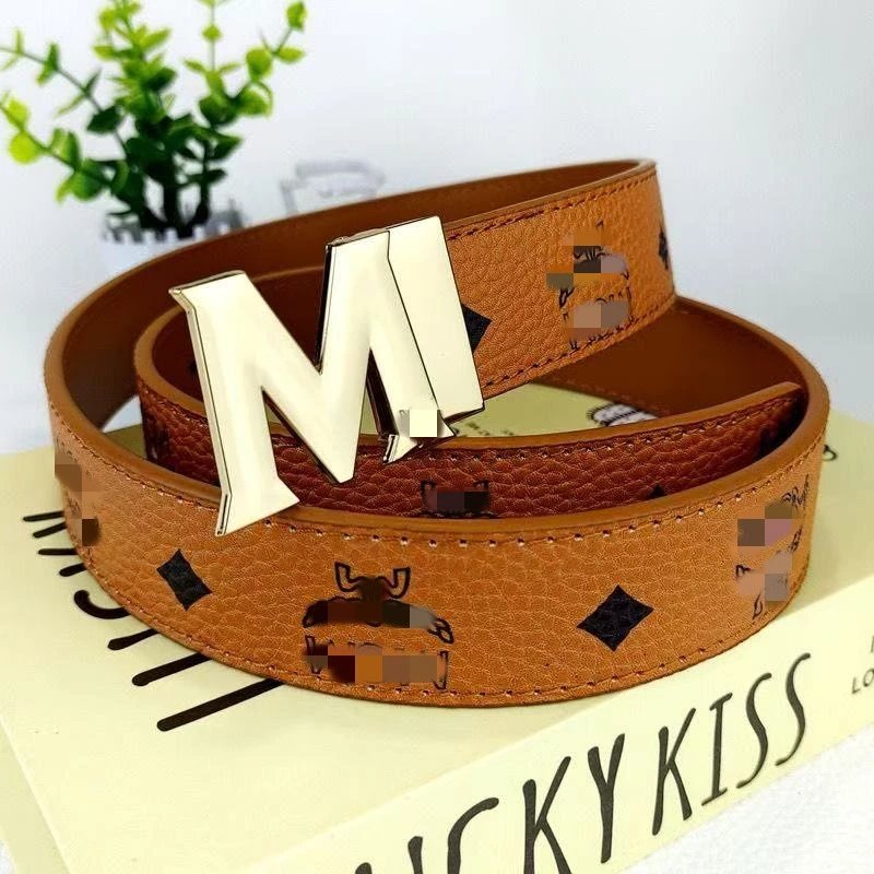 Unbranded Belts M Letter Buckle Patterned Belt — Yellowish brown+M Gold buckle