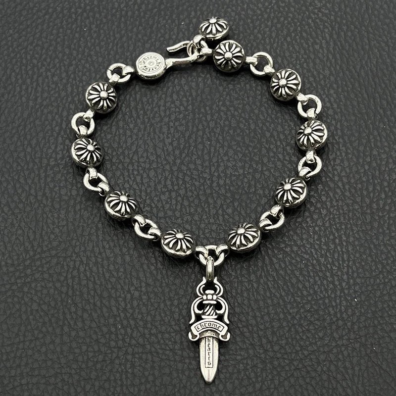 Chrome Hearts Jewelry 925 Silver Chain Bracelet with Cross and Floral Motifs — Cross Flower Ball Sword Chain