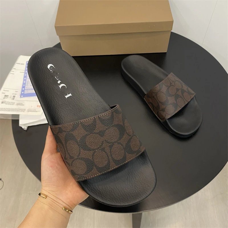 Coach Slippers Monogram Print Slide — Coffee color
