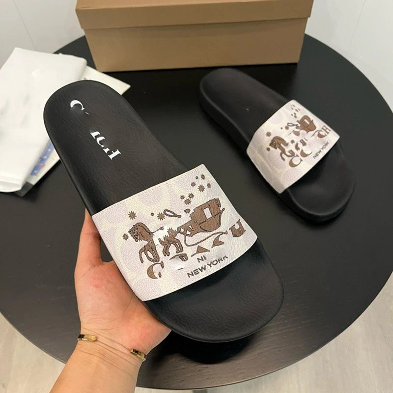 Coach Slippers Monogram Print Slide — Khaki white