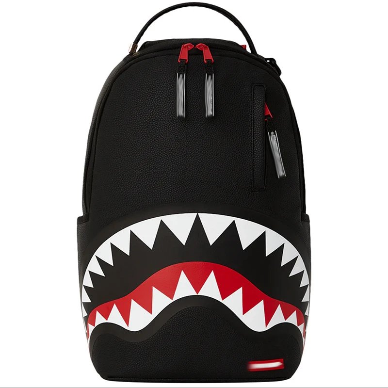 Sprayground Backpacks Shark Mouth Graphic Backpack — Black lychee-patterned leather