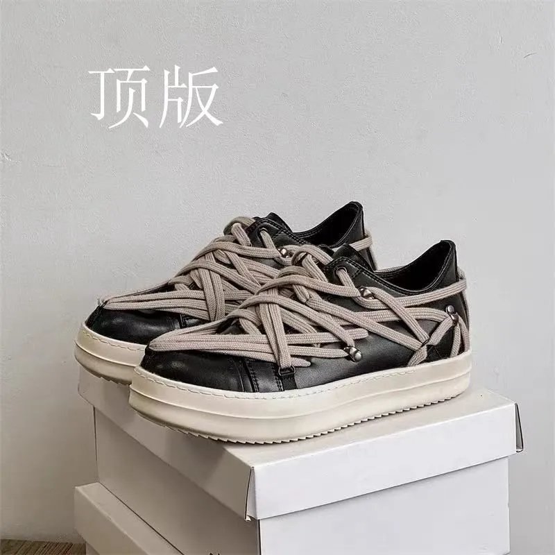 Unbranded Sneakers Low-Top with Wrapped Lace Design — Black — Leather surface