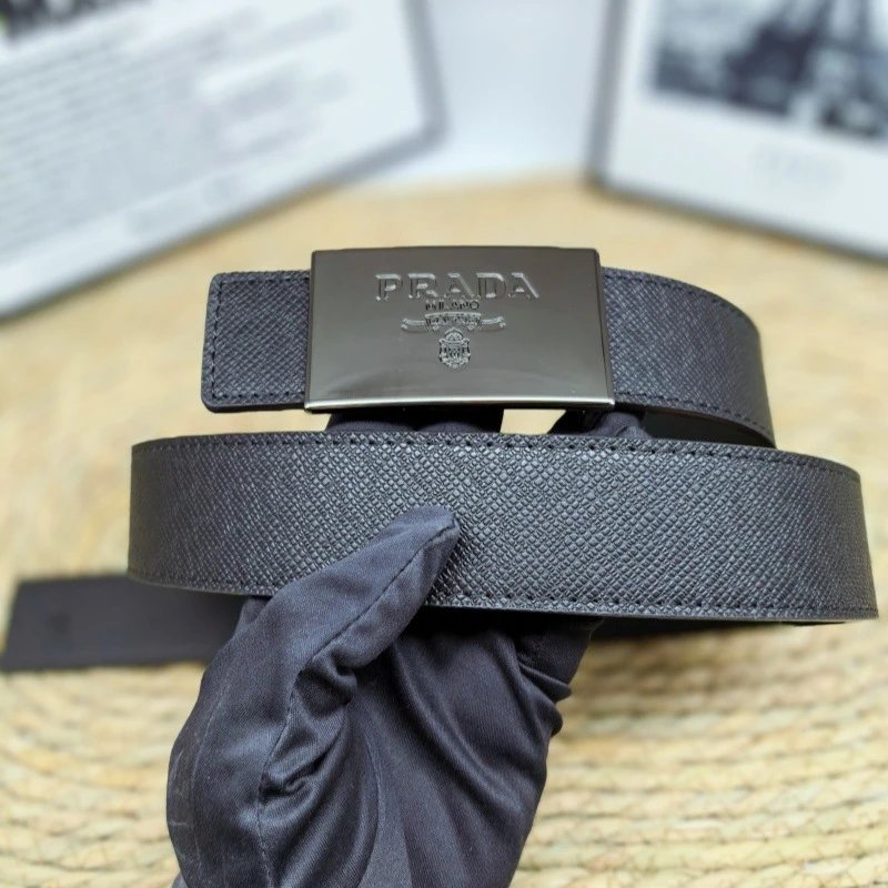 Prada Belts Saffiano-textured belt with rectangular logo buckle — Saffiano gun buckle