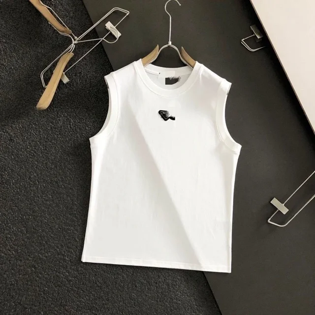 Prada T-Shirts Sleeveless crewneck T-shirt with triangle logo plaque product detail image 4