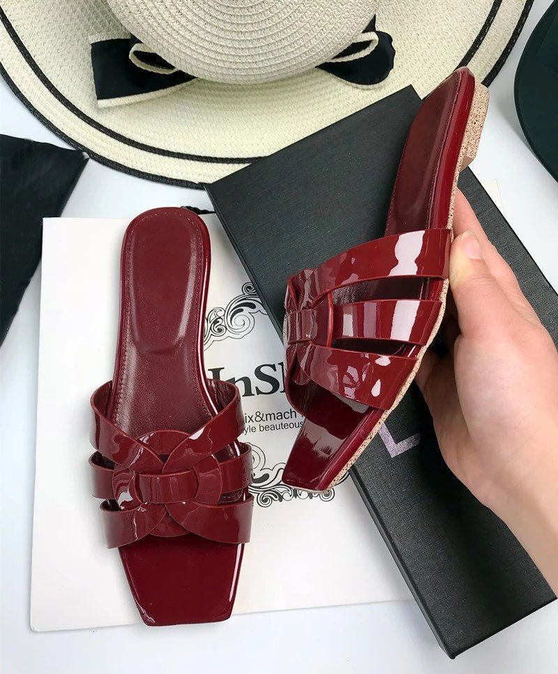 Unbranded Sandals Square-Toe Woven Strap Flat Slides — Burgundy patent leather