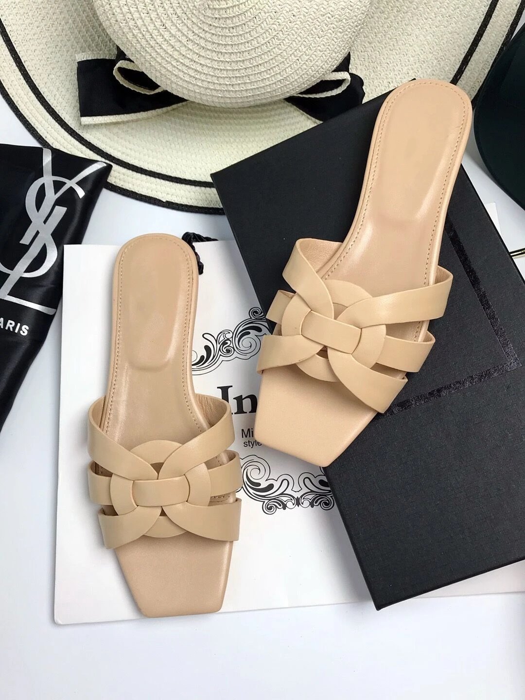 Unbranded Sandals Square-Toe Woven Strap Flat Slides — Apricot leather