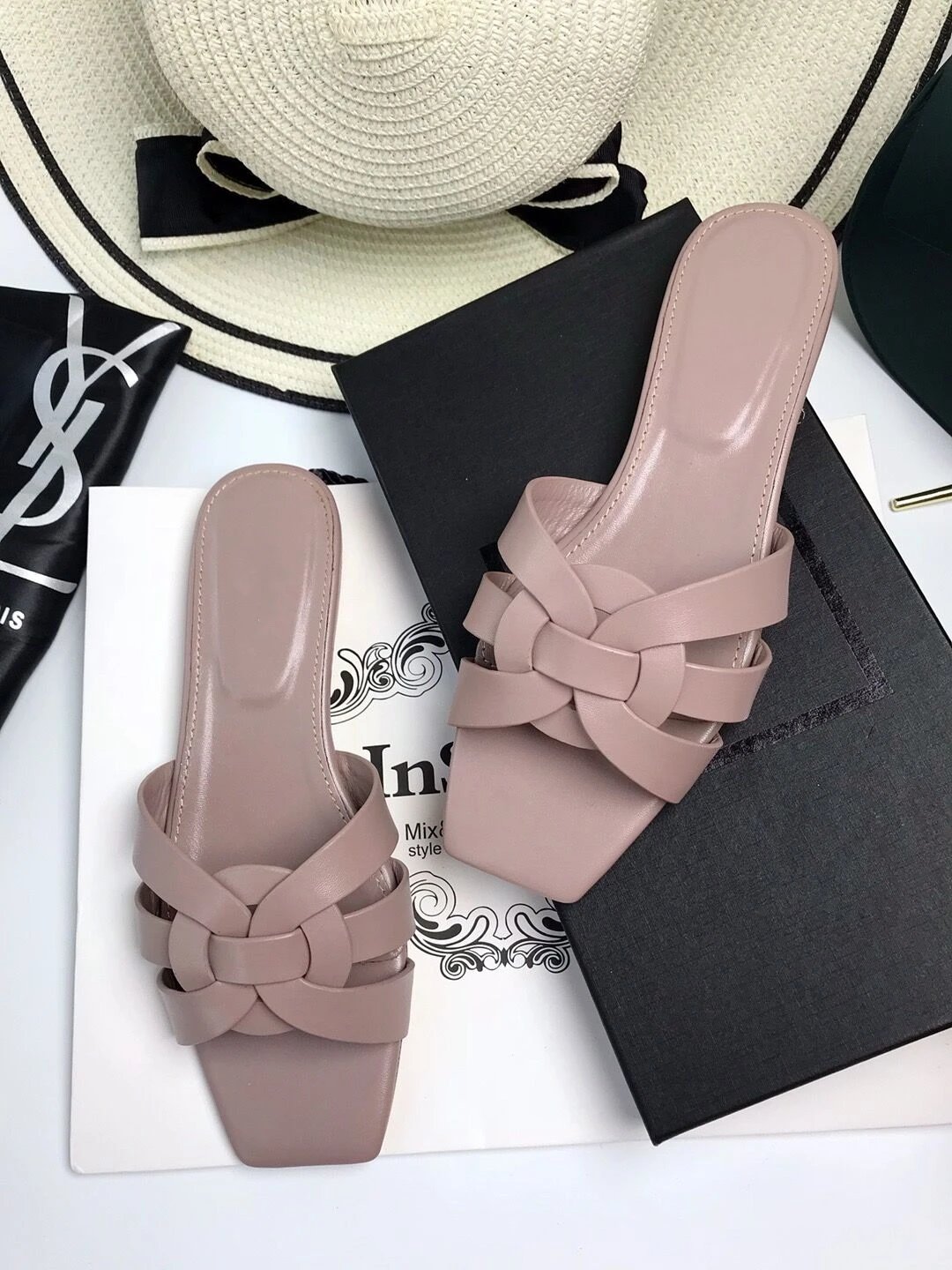 Unbranded Sandals Square-Toe Woven Strap Flat Slides — Khaki cowhide
