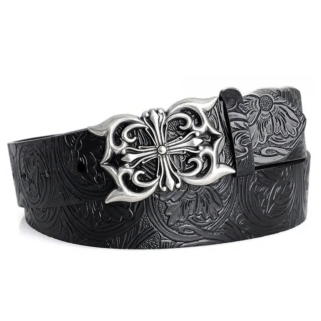 Unbranded Belts Embossed Floral Belt with Ornate Cross Buckle — Black-D