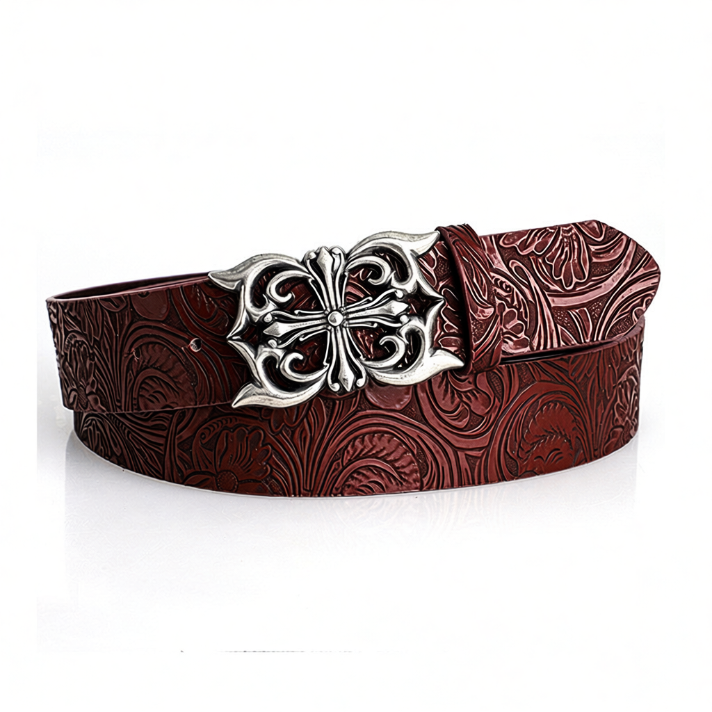 Unbranded Belts Embossed Floral Belt with Ornate Cross Buckle — Brown-D
