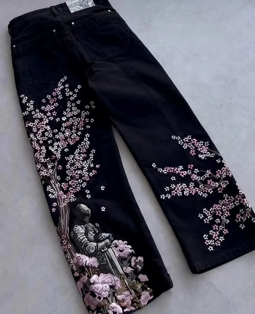 Unbranded Jeans Wide-Leg Floral Embroidered — Black 2 (spot)
