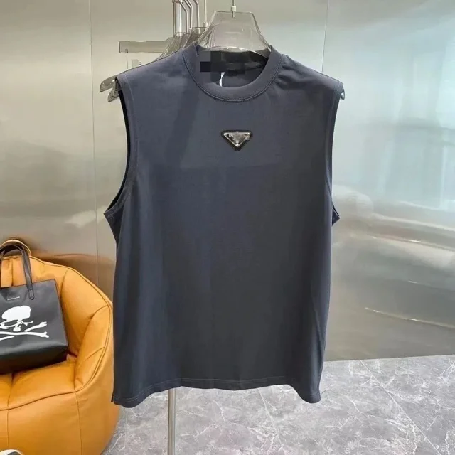 Prada T-Shirts Sleeveless crewneck T-shirt with triangle logo plaque product detail image 3