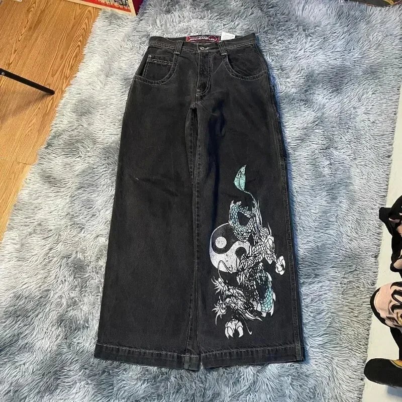 UNCOJEANS Wide-Leg Graphic Patch Jeans — N20 black