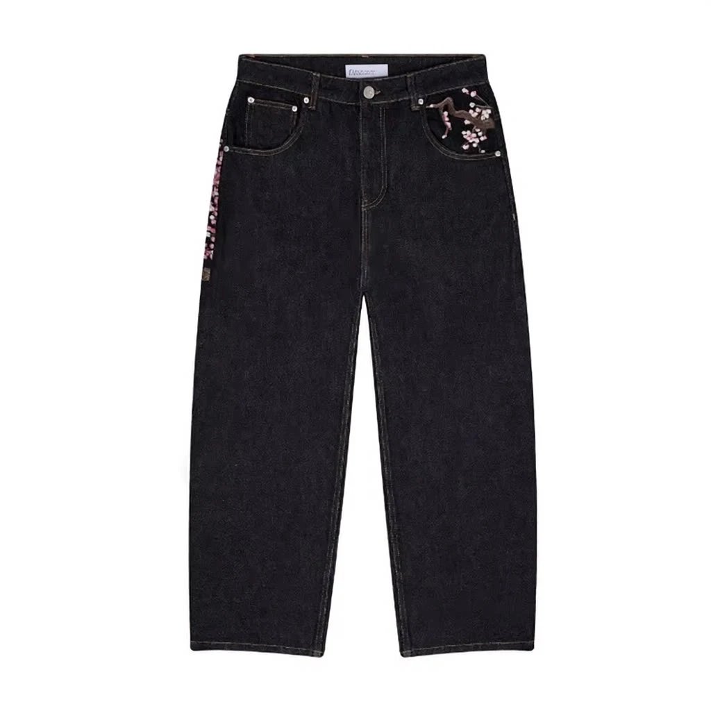 Unbranded Jeans Wide-Leg Floral Embroidered — Black (in stock)