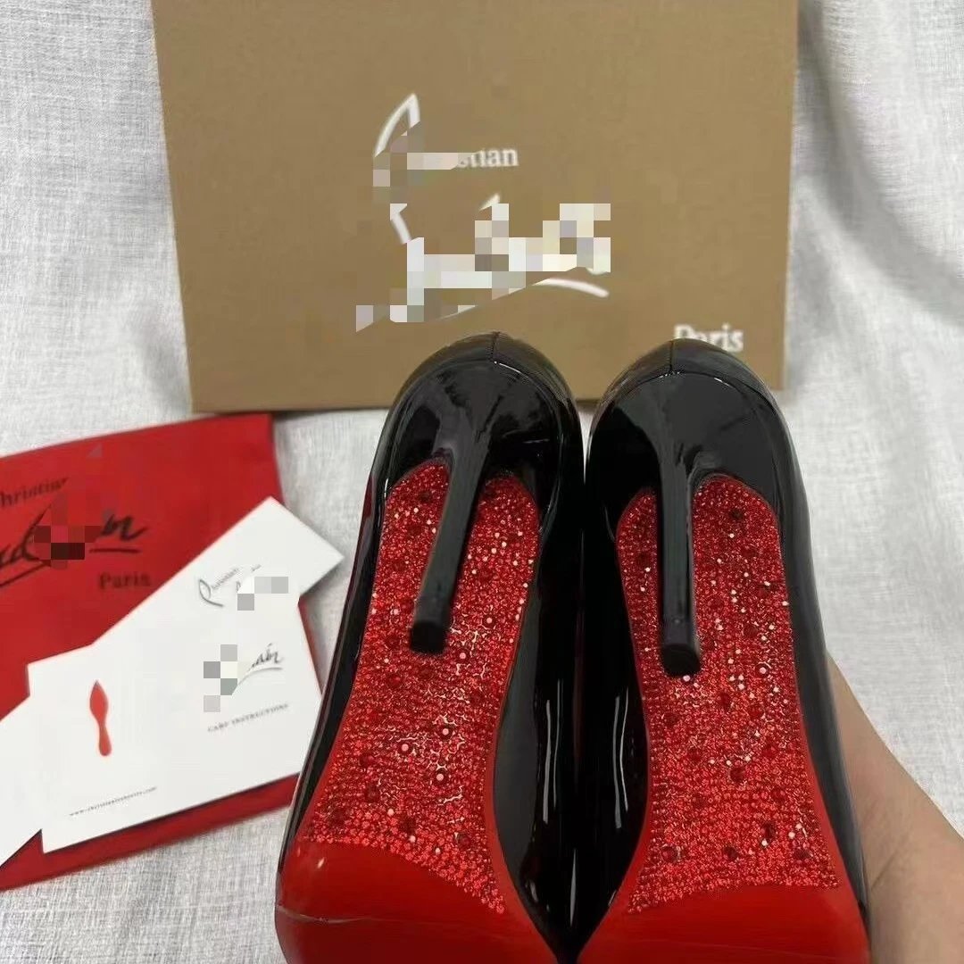Christian Louboutin High Heels Pointed-Toe Stiletto Pumps — Drill-through black 8cm