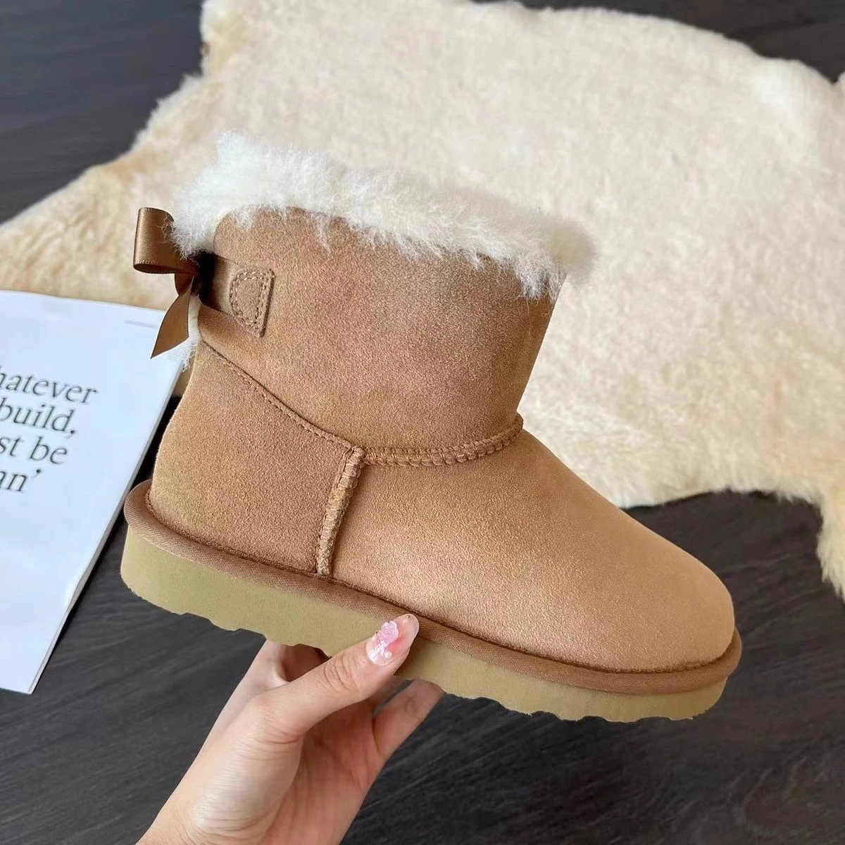 Unbranded Boots Faux-Fur Trim Bow Ankle Snow — Maroon [Economic Edition】