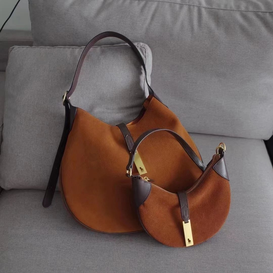 Ralph Lauren Shoulder Bags Crescent Hobo Bag with Gold Logo Plaque — deerskin velvet brown