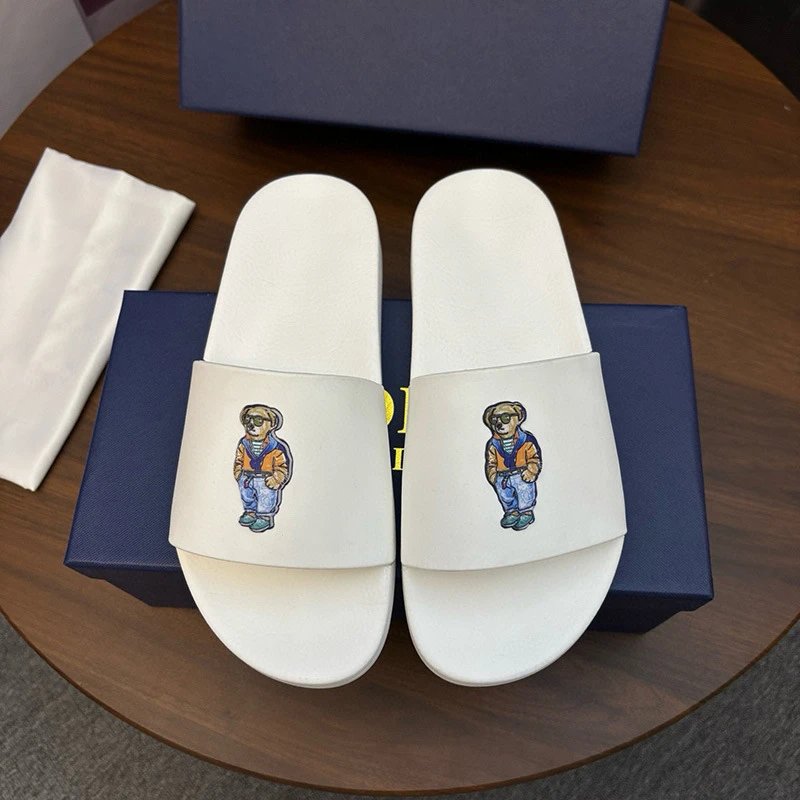 Polo Ralph Lauren Slippers Player Logo Slide — White Orange Bear