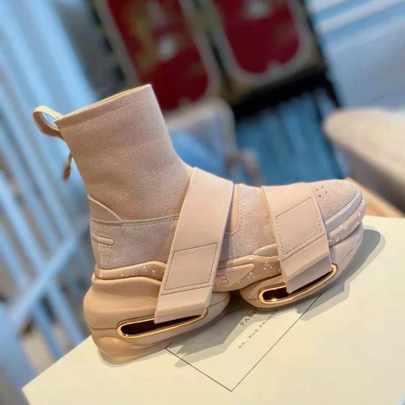 Unbranded Boots Knit sock sneakers with wide crossover straps and chunky platform soles — Apricot color