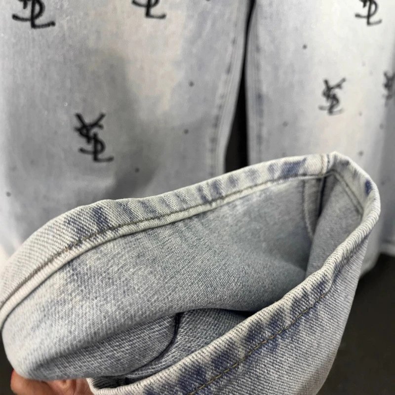 Yves Saint Laurent Jeans Light-wash high-rise wide-leg with all-over YSL monogram embroidery and stud embellishments image 4