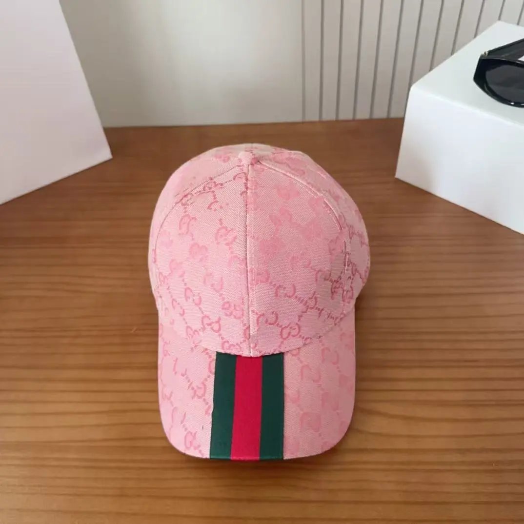 Gucci Hats GG monogram web stripe baseball cap — Pink striped with box on the front