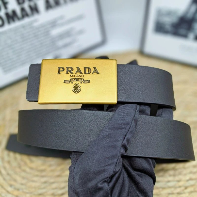 Prada Belts Saffiano-textured belt with rectangular logo buckle — Flat Pattern Bronze