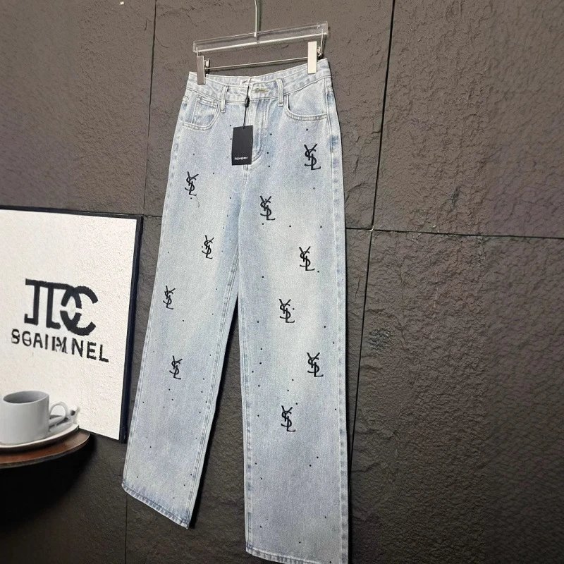 Yves Saint Laurent Jeans Light-wash high-rise wide-leg with all-over YSL monogram embroidery and stud embellishments image 2