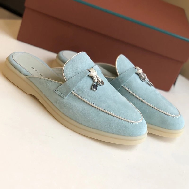 Unbranded Slippers Suede Loafer Mules with Metal Ornament — Light green/white [original elevation version】