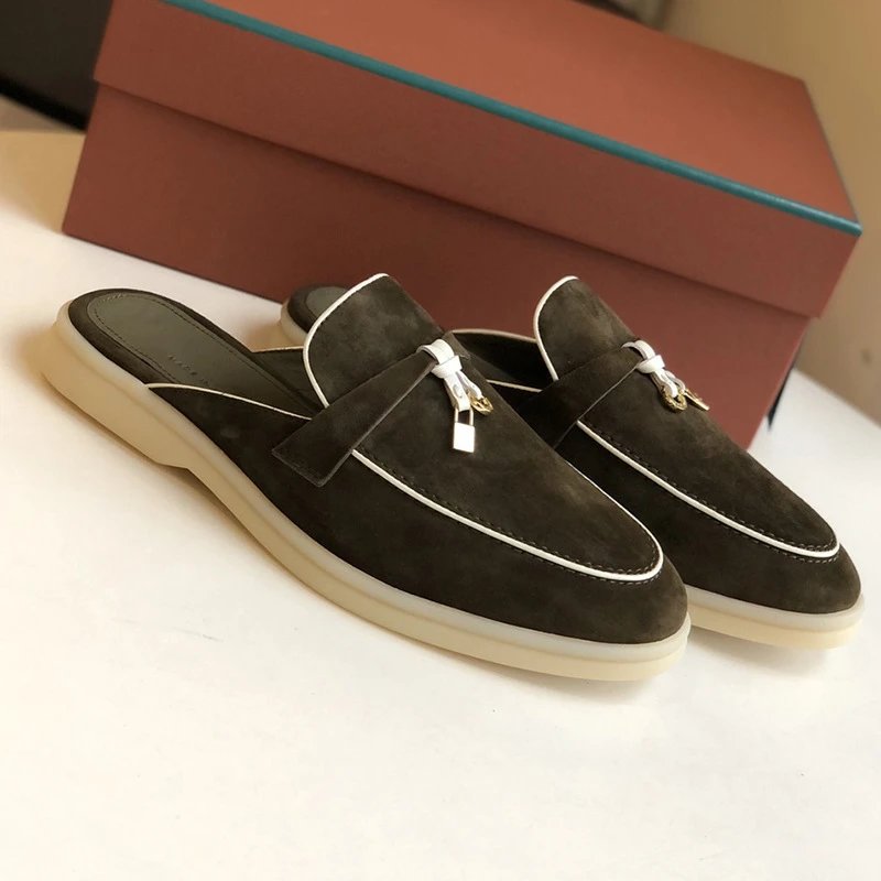 Unbranded Slippers Suede Loafer Mules with Metal Ornament — Army Green/White [original elevation version】