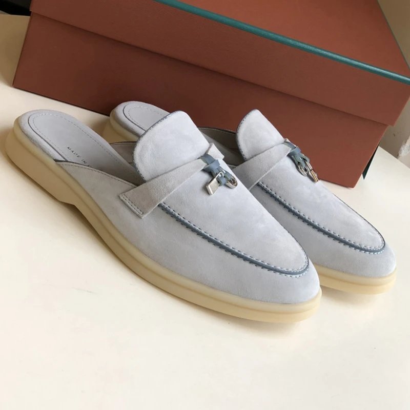 Unbranded Slippers Suede Loafer Mules with Metal Ornament — Aqua/Grey [original elevation version】
