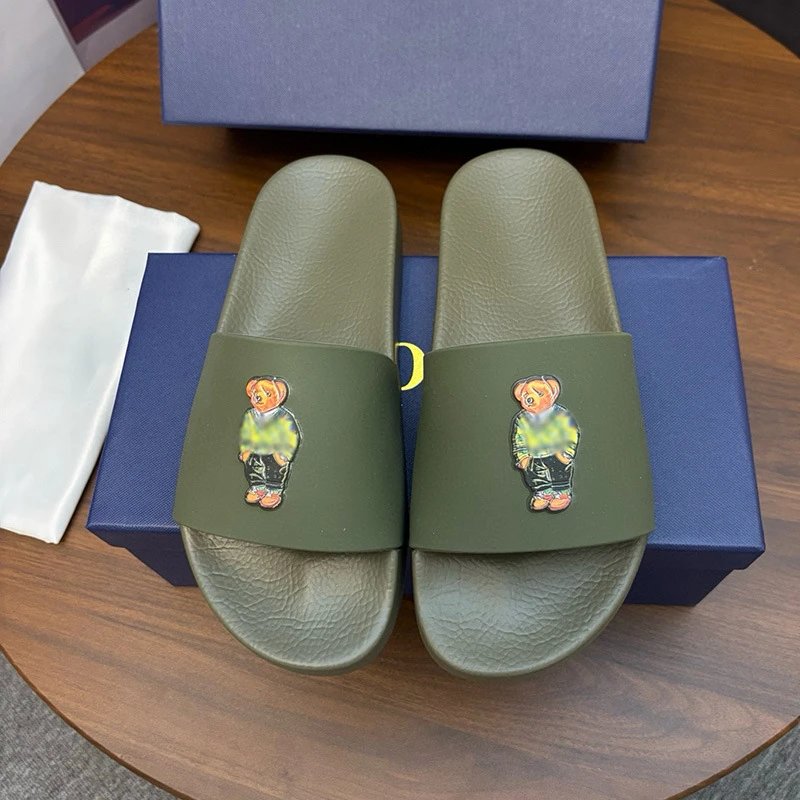 Polo Ralph Lauren Slippers Player Logo Slide — dark green yellow bear