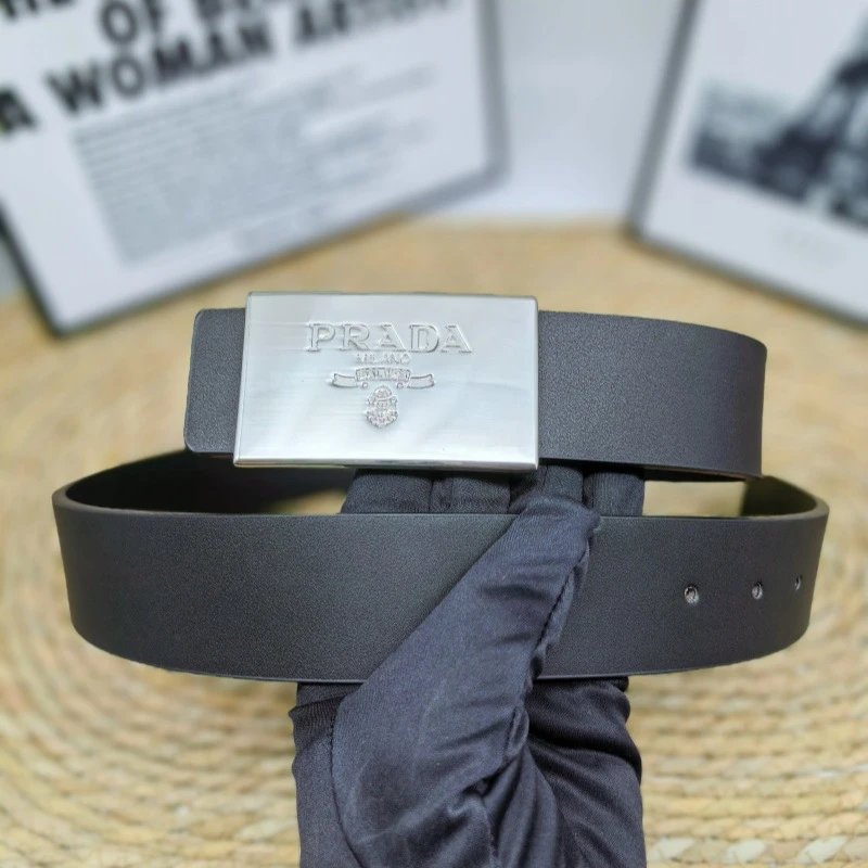 Prada Belts Saffiano-textured belt with rectangular logo buckle — Flat silver buckle