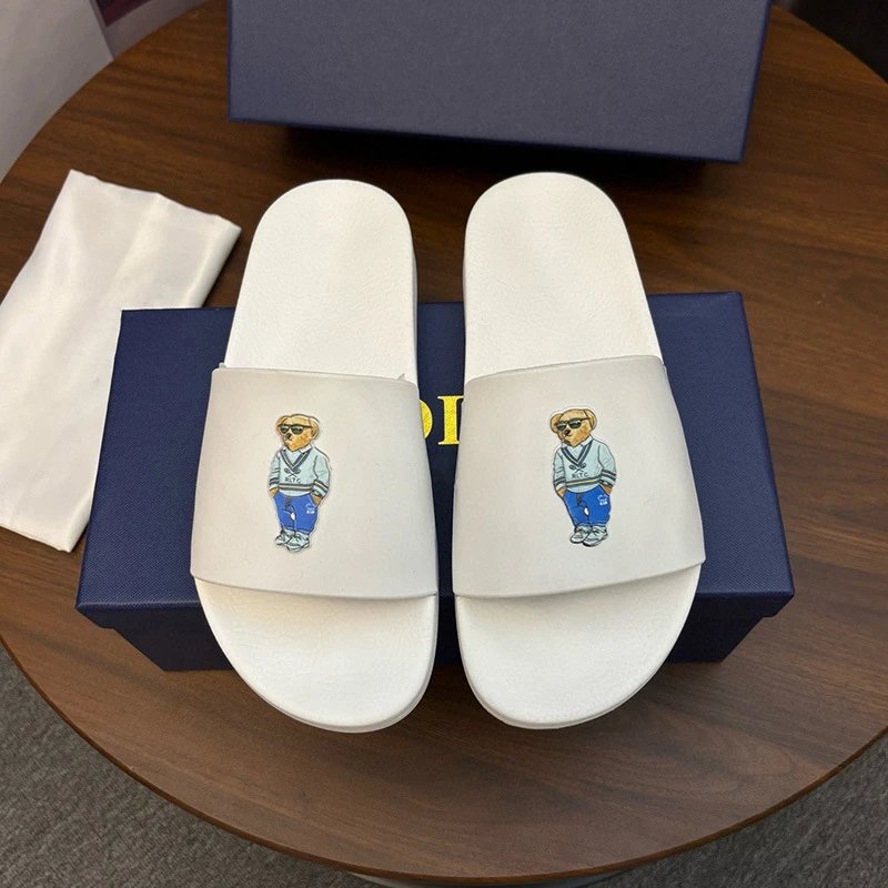 Polo Ralph Lauren Slippers Player Logo Slide — White Blue Bear