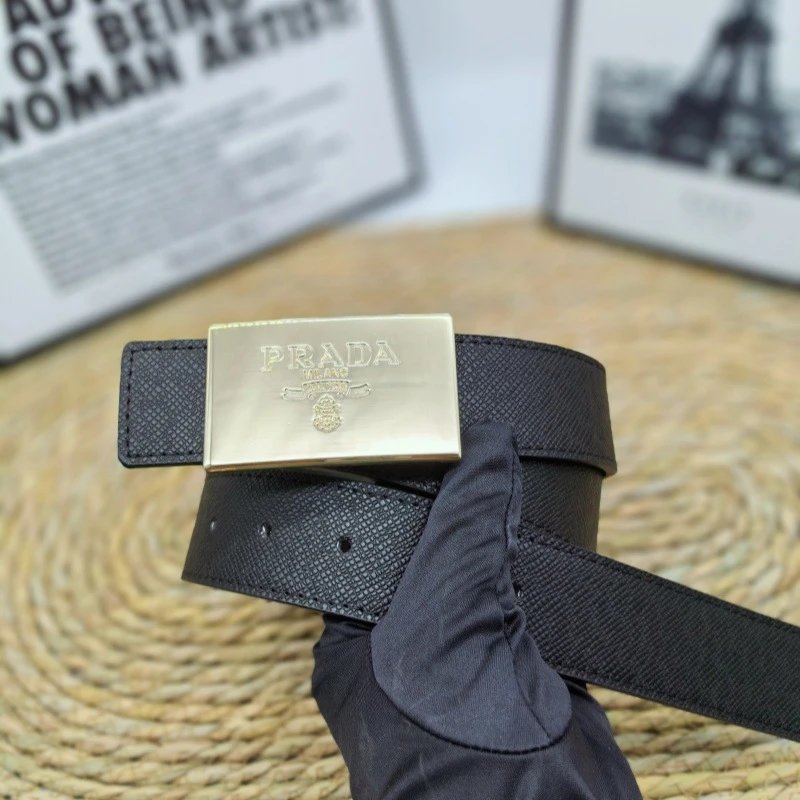 Prada Belts Saffiano-textured belt with rectangular logo buckle — Saffiano gold buckle