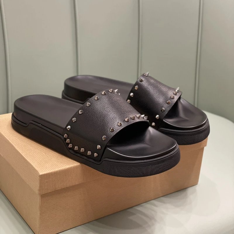 Unbranded Slippers Open-Toe Studded Slide — Black Silver Nails
