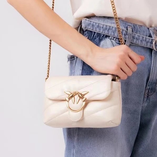 Pinko Crossbody Bags Padded quilted bag with double-bird clasp and chain strap — mini Pillow White
