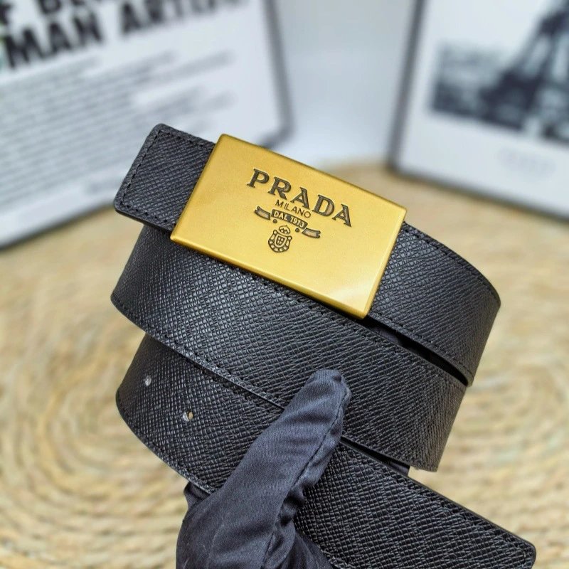 Prada Belts Saffiano-textured belt with rectangular logo buckle — Cross pattern, antique bronze