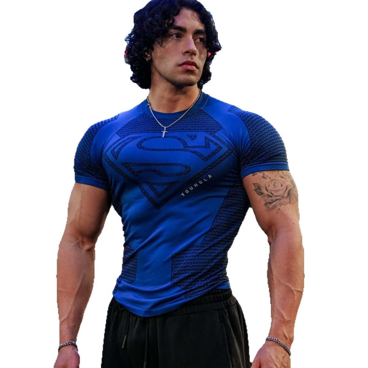 YoungLA T-Shirts Men's short-sleeve compression athletic T-shirt with Superman emblem image 5