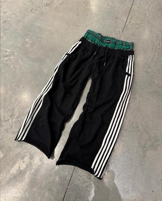 Unbranded Trousers Wide-Leg Drawstring Track Pants with Three Side Stripes — K07 black