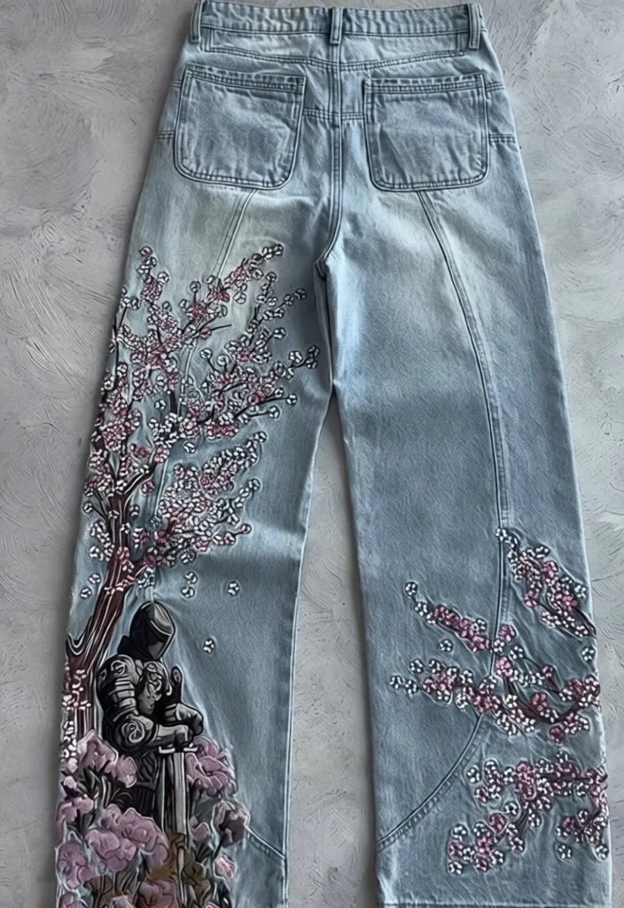 Unbranded Jeans Wide-Leg Floral Embroidered — Blue 2 (in stock)