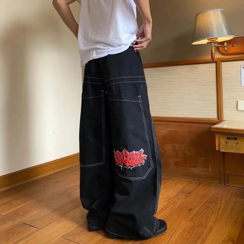 UNCOJEANS Wide-Leg Graphic Patch Jeans — N 06 Black (red embroidery)