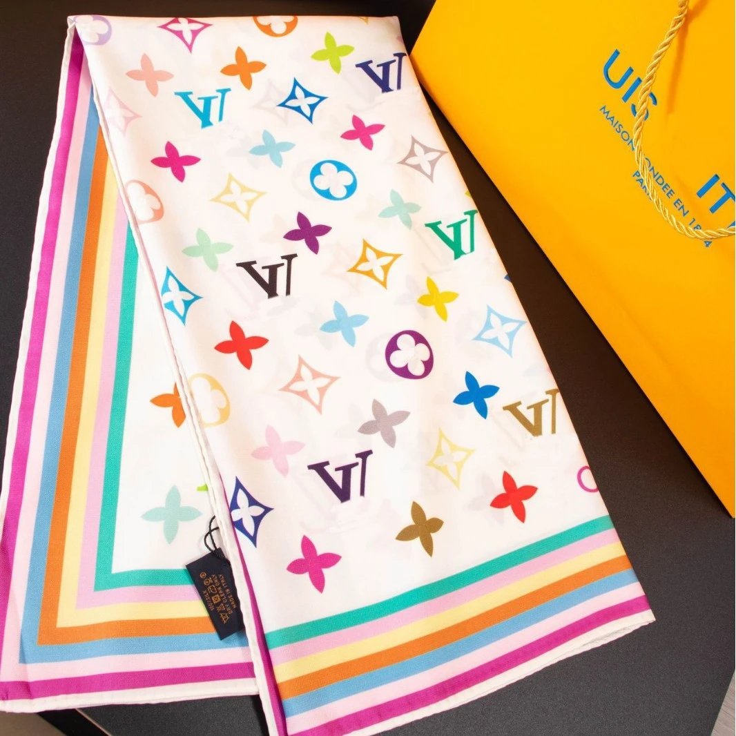Unbranded Scarves Square scarf with multicolor floral geometric print and striped border product image