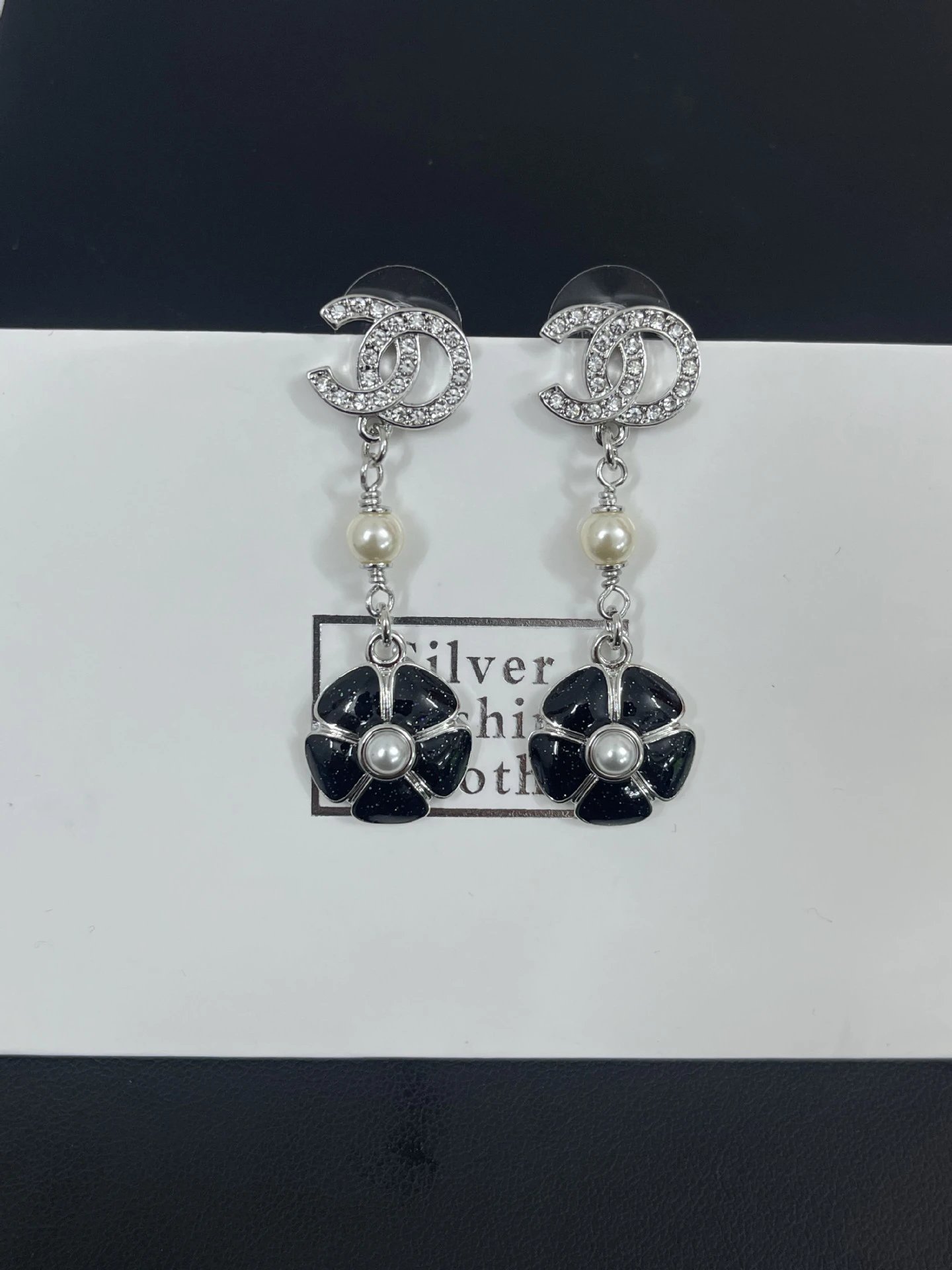 Chanel Jewelry Rhinestone Double C Floral Drop Earrings — Black Drop Earrings