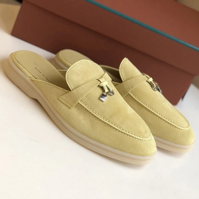 Unbranded Slippers Suede Loafer Mules with Metal Ornament — Yellow/bright yellow [original elevation version】