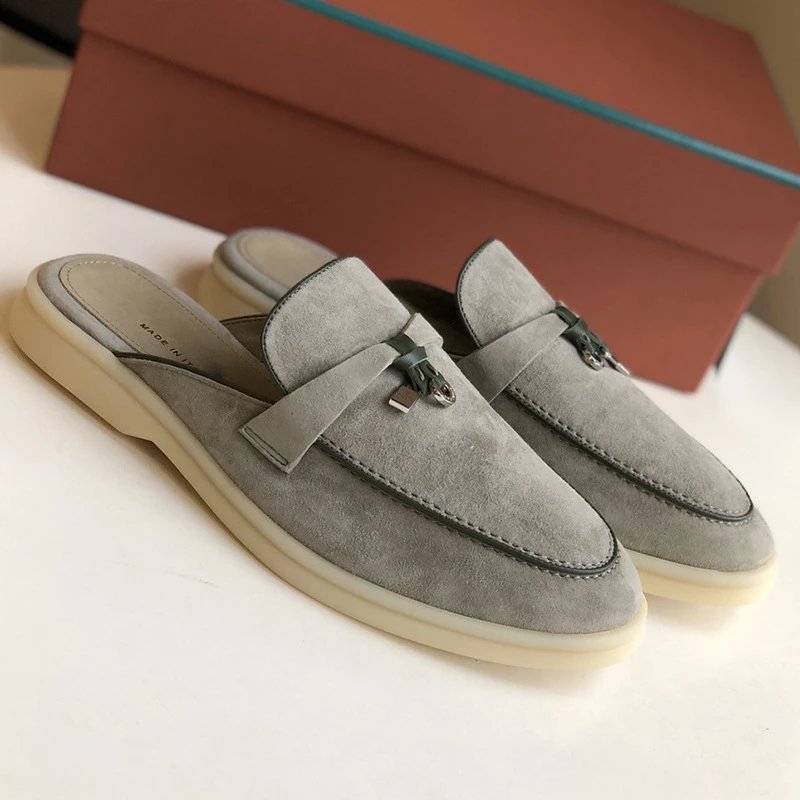 Unbranded Slippers Suede Loafer Mules with Metal Ornament — GREEN/GREEN [original elevation version】