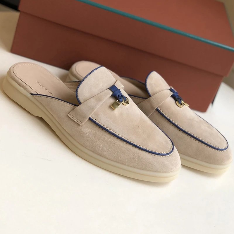 Unbranded Slippers Suede Loafer Mules with Metal Ornament — Light apricot/azure [original elevation version】