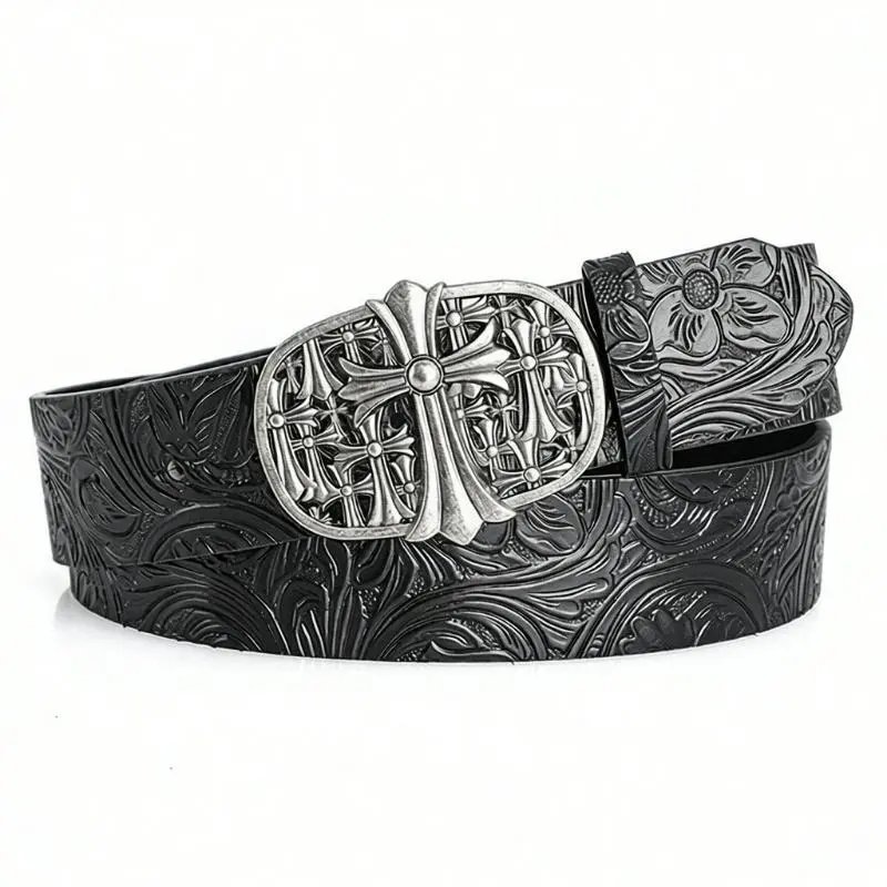 Unbranded Belts Embossed Floral Belt with Ornate Cross Buckle — Black-E