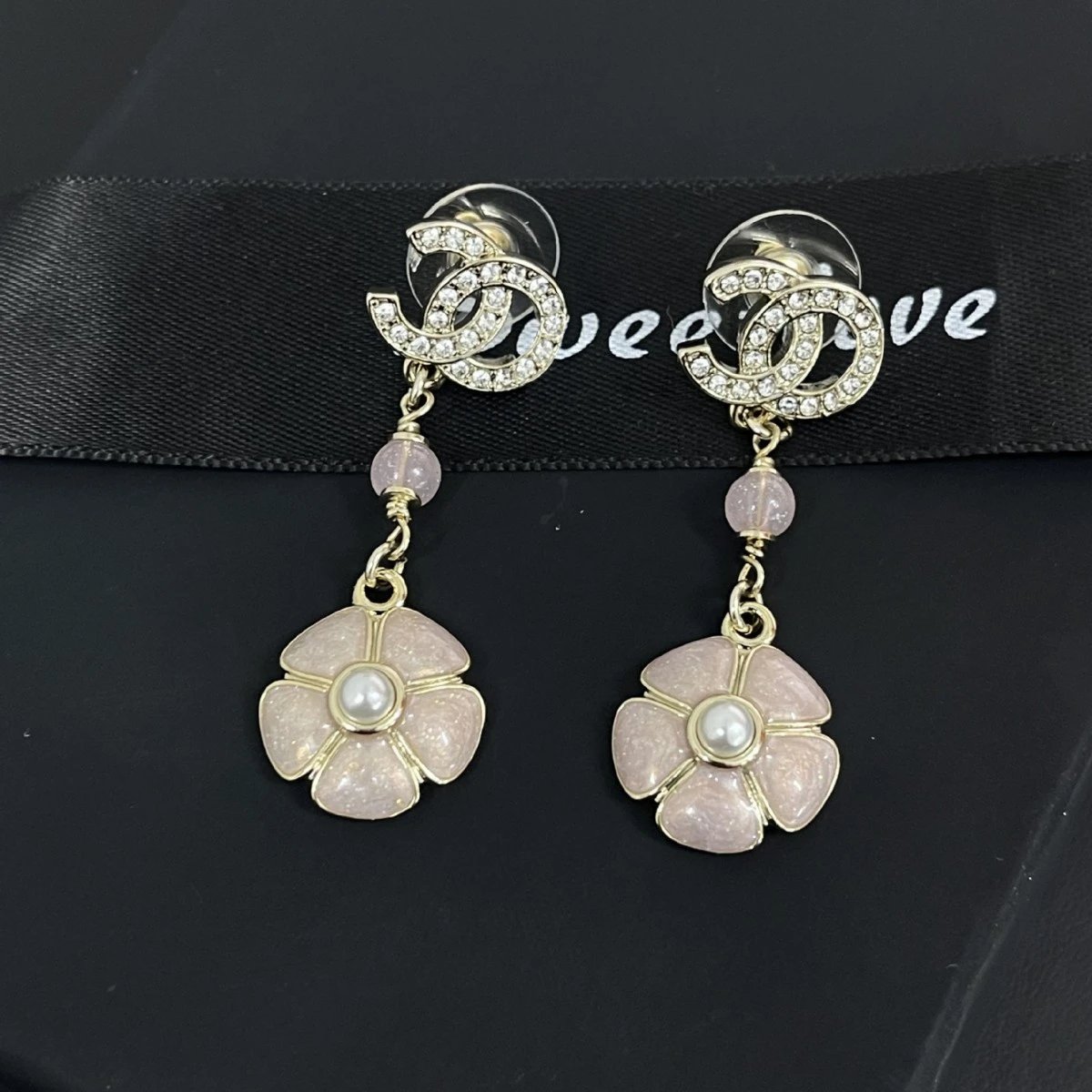 Chanel Jewelry Rhinestone Double C Floral Drop Earrings image 2