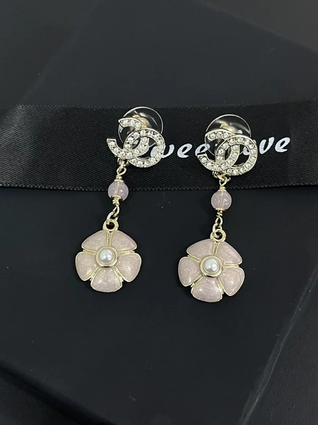 Chanel Jewelry Rhinestone Double C Floral Drop Earrings product detail image 1
